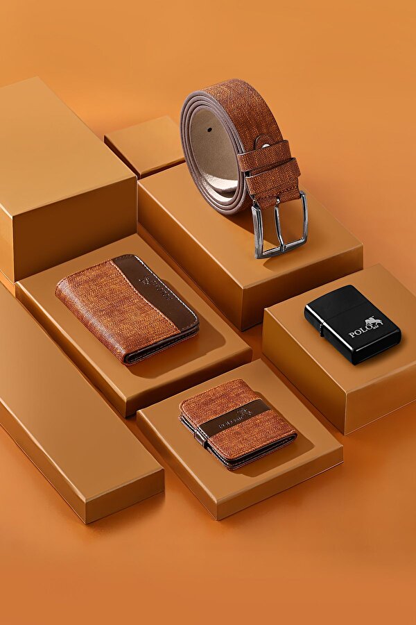 Spor Kasa Erkek Kol Saati Cüzdan Kemer Kartlık Çakmak Kombin Set Gold Taba Renk PL-0991E4