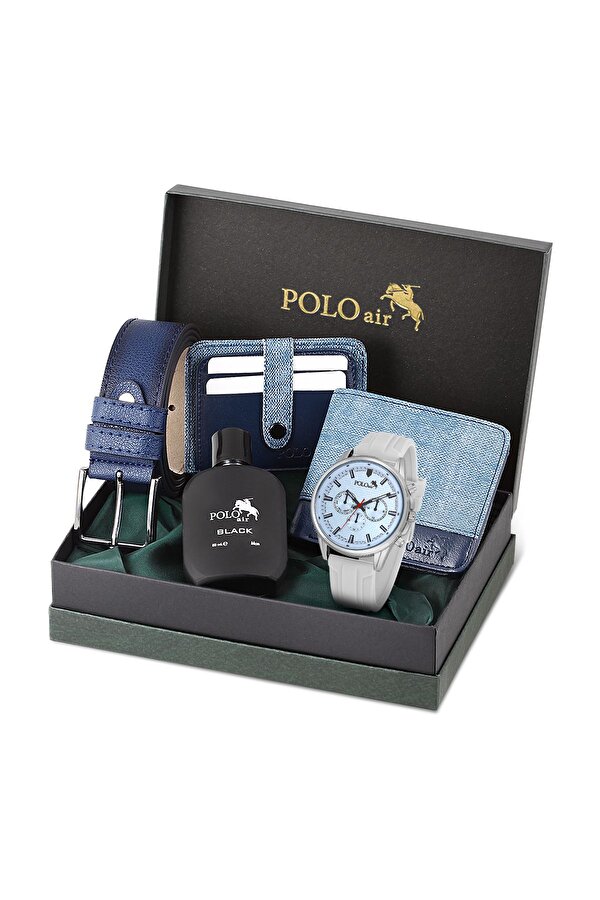 Spor Erkek Kol Saati Cüzdan Kemer Kartlık Parfüm Kombin Beyaz Mavi Renk PL-0986E4