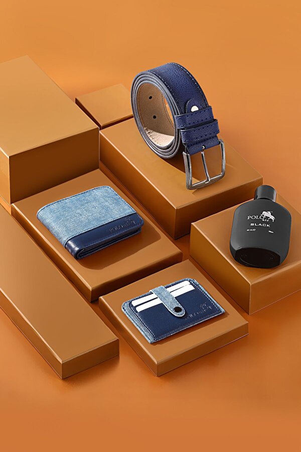 Spor Erkek Kol Saati Cüzdan Kemer Kartlık Parfüm Kombin Beyaz Mavi Renk PL-0986E4