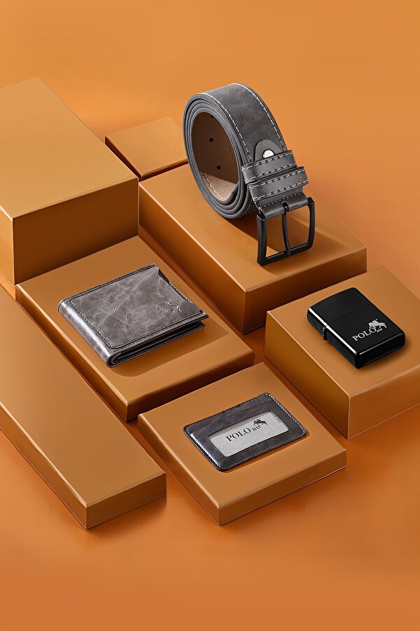 Takvimli Erkek Kol Saati Cüzdan Kemer Kartlık Çakmak Kombin Gri Siyah Renk PL-0985E3