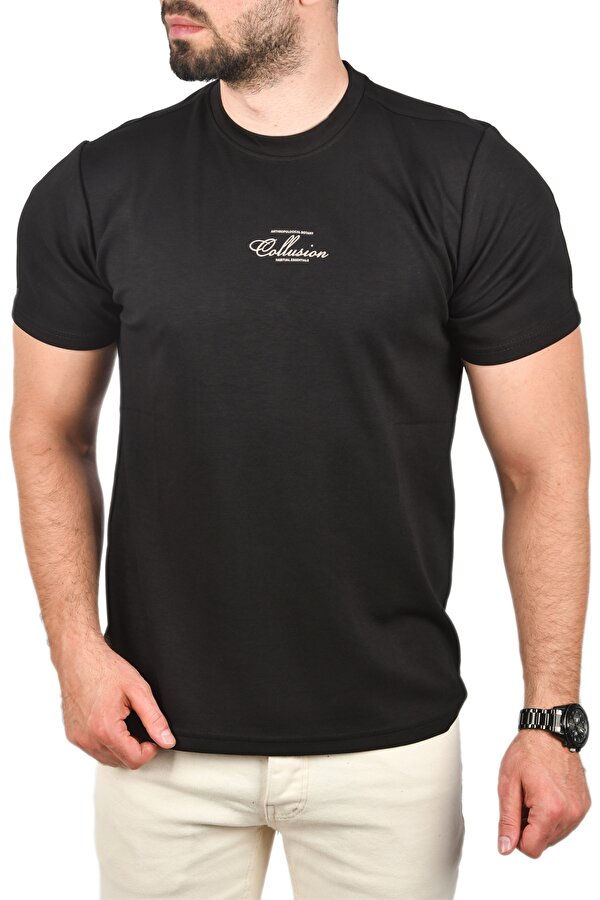 DeepSEA Erkek Siyah Bisiklet Yaka Dar Kesim Pamuklu Tişört Nefes Alan Yumuşak Dokulu Tişört 2504350