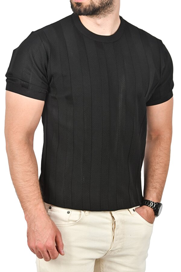 DeepSEA Erkek Siyah Dar Kesim Pamuklu Triko Tişört Slim Fit Nefes Alan Bisiklet Yaka Tişört 2504348