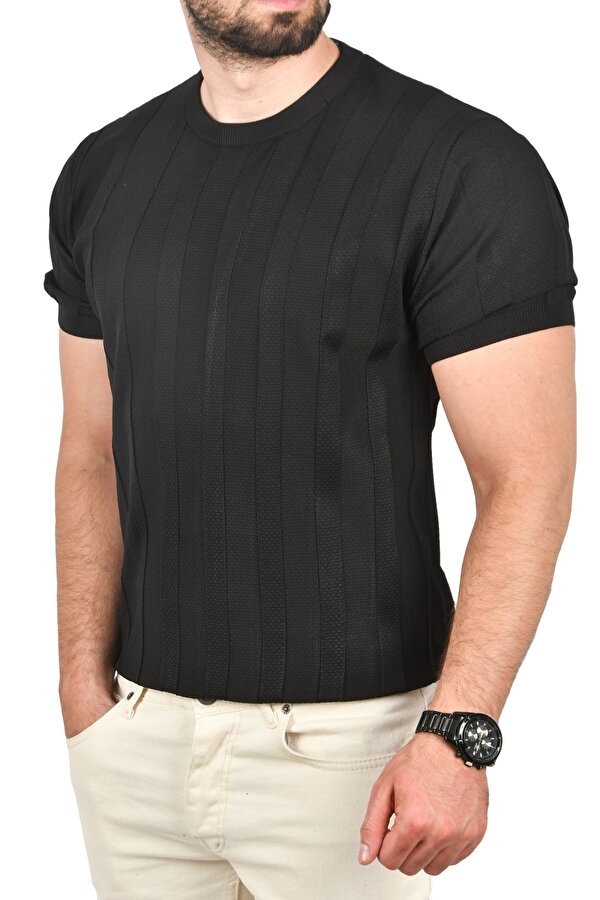 DeepSEA Erkek Siyah Dar Kesim Pamuklu Triko Tişört Slim Fit Nefes Alan Bisiklet Yaka Tişört 2504348