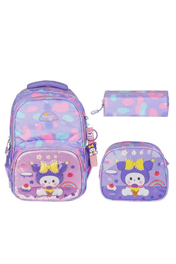 Rlx-1370 Kuromi Unicorn Kız  Çocuk  Kalemlikli Beslenme Çantalı Üçlü Set  Desenli İlk Okul Çantası Sırt Çantası PEMBE