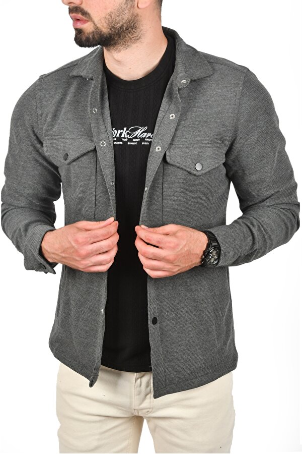 DeepSEA Erkek Füme Örme Kalın Kumaş Gömlek Yaka Çıtçıtlı Cepleri Kapaklı Spor Ceket 2500557