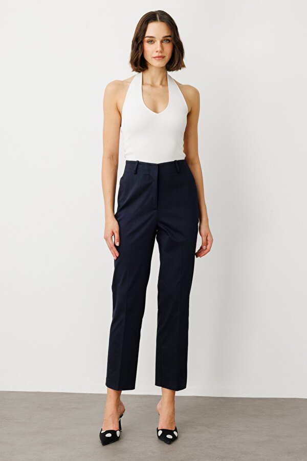 Kadın Yüksek Bel Detaylı Pamuklu Pantolon 2060 Lacivert