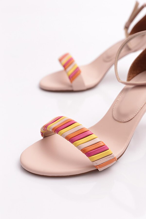 5315 Kadin Bilekten Bağlama Renkli Şerit Topuklu Ayakkabi