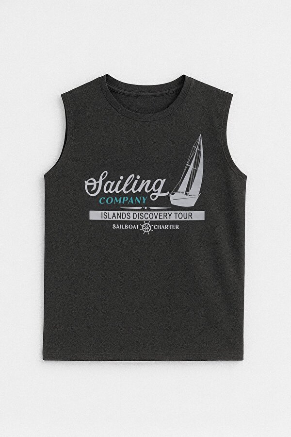 Erkek Bisiklet Yaka Baskılı Antrasit Kolsuz T-shirt