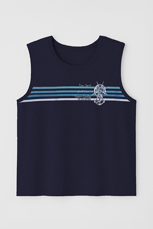 Erkek %100 Pamuk Bisiklet Yaka Çapa Baskılı Kolsuz T-shirt