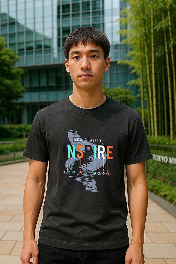 Erkek %100 Pamuk Bisiklet Yaka Yazı Baskılı T-shirt