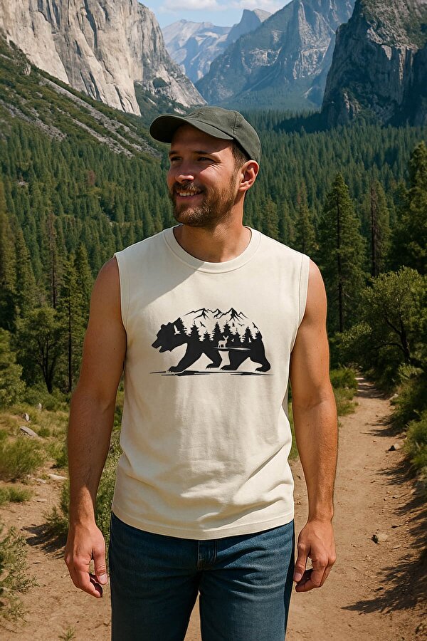 Erkek %100 Pamuk Bisiklet Yaka Bear Baskılı Kolsuz T-shirt
