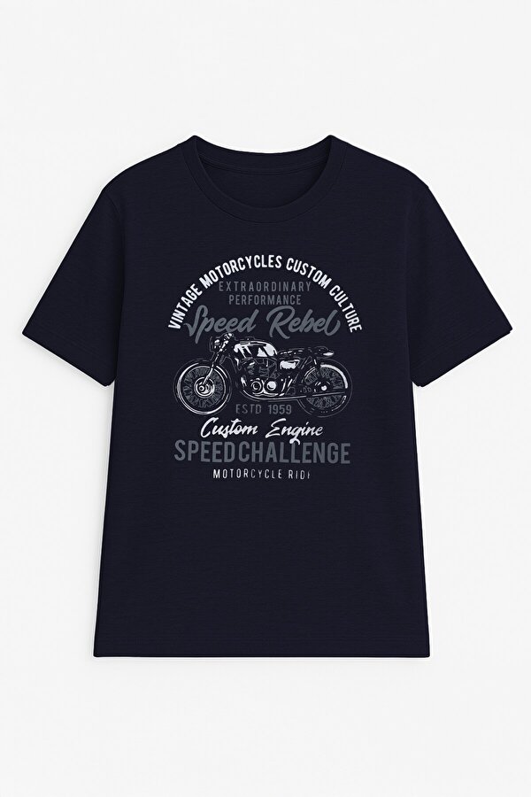 Erkek %100 Pamuk Bisiklet Yaka Motor Baskılı T-shirt