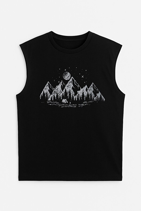 Erkek Bisiklet Yaka Baskılı Siyah Kolsuz T-shirt