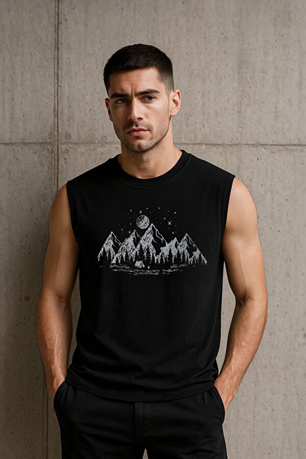 Erkek Bisiklet Yaka Baskılı Siyah Kolsuz T-shirt