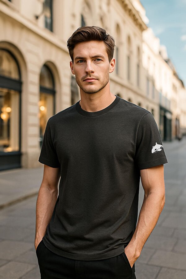 Erkek Bisiklet Yaka Basic Düz Kısa Kollu Gri T-shirt