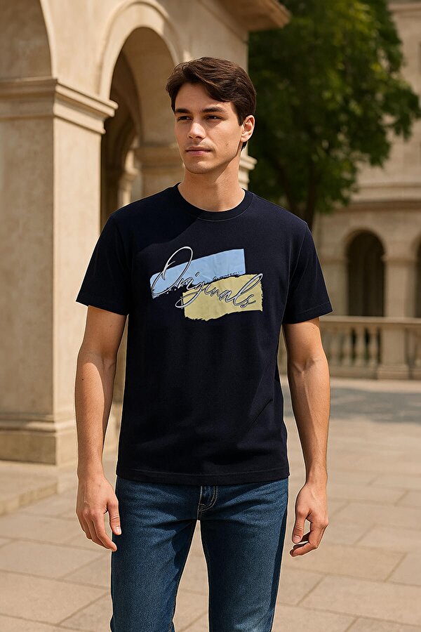 Erkek %100 Pamuk Bisiklet Yaka Baskılı Lacivert  T-shirt