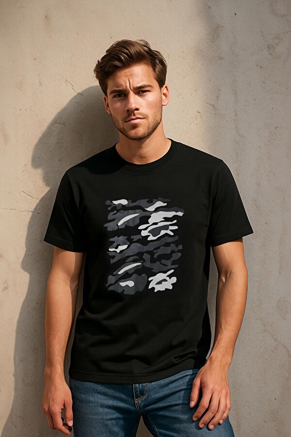 Erkek Bisiklet Yaka %100 Pamuk Baskılı Siyah T-shirt