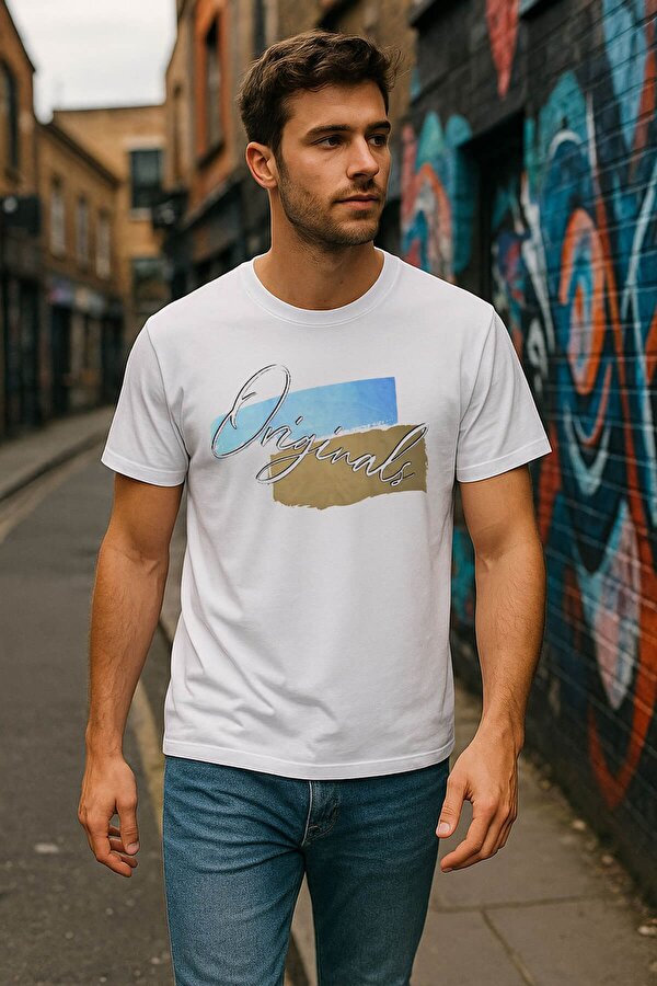 Erkek %100 Pamuk Bisiklet Yaka Baskılı Lacivert  T-shirt