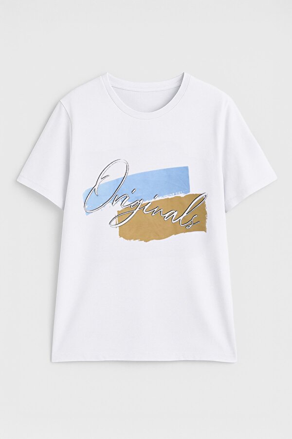 Erkek %100 Pamuk Bisiklet Yaka Baskılı Lacivert  T-shirt