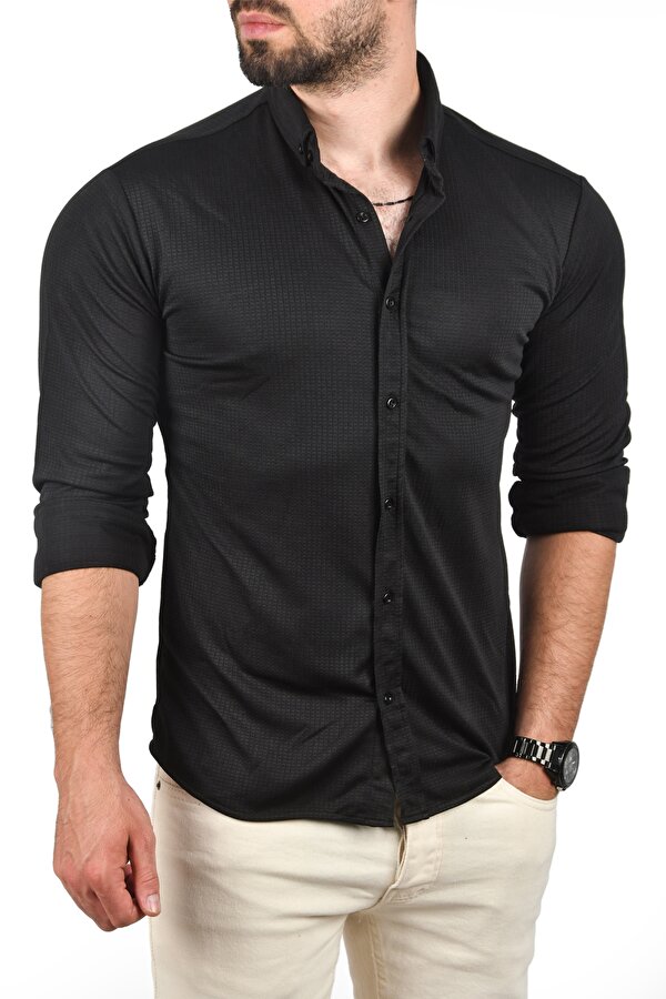 DeepSEA Erkek Siyah Slim Fit Dar Kesim Pamuklu Spor Gömlek Jakar Kumaş Likralı Gömlek 2500552