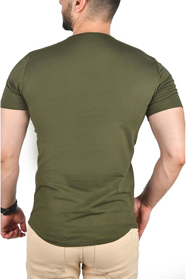 Erkek Haki Geniş Yaka Likralı Tişört 1801199