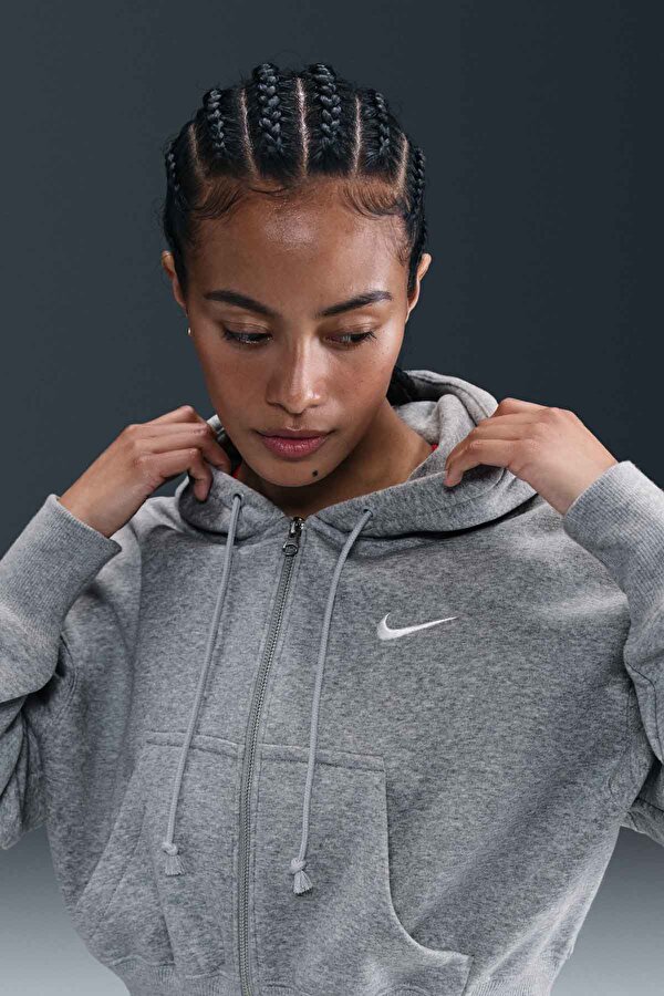 W NSW PHNX FLC CROP FZ HD Koyu Gri Kadın Fermuarlı Sweatshirt