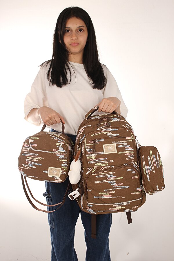 Rlx-1430 3 lü Set Çocuk Ortaokul-İlkokul çantası Kalemlikli Beslenme Çantalı Sırt Çantası KAHVERENGİ