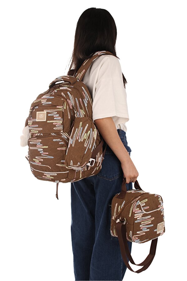 Rlx-1430 3 lü Set Çocuk Ortaokul-İlkokul çantası Kalemlikli Beslenme Çantalı Sırt Çantası KAHVERENGİ