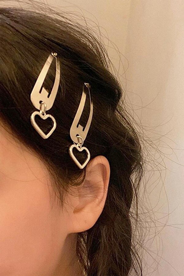 Gümüş Renk Trend 4 lü Sallantılı Kalp Çıt Çıt Toka