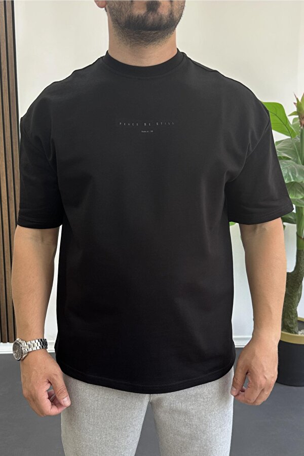 Erkek Kabartmalı Sırt Baskılı Oversize Tişört Siyah Edw390