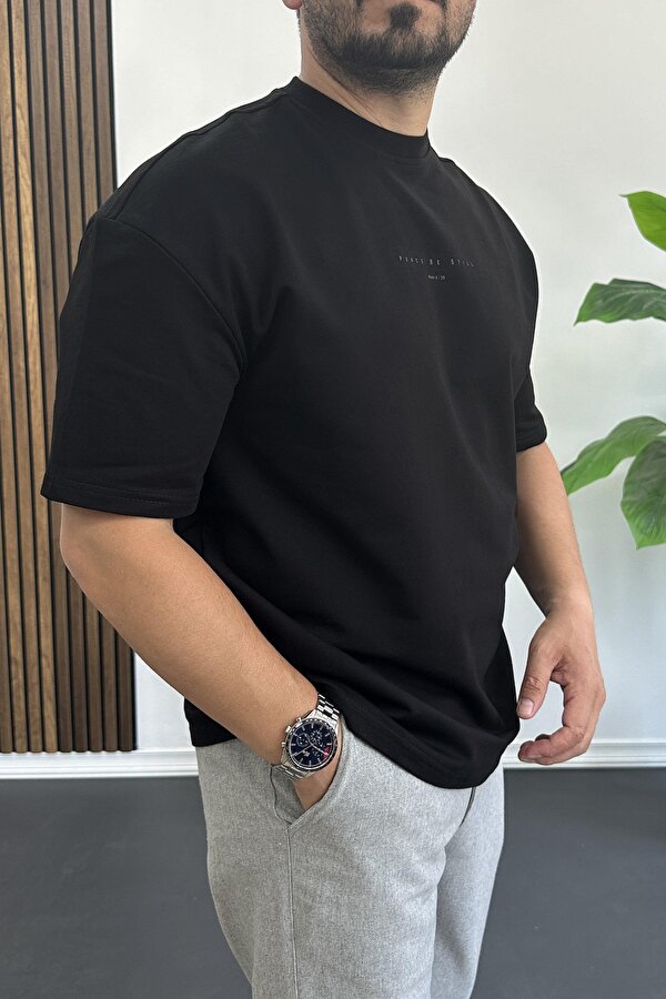 Erkek Kabartmalı Sırt Baskılı Oversize Tişört Siyah Edw390