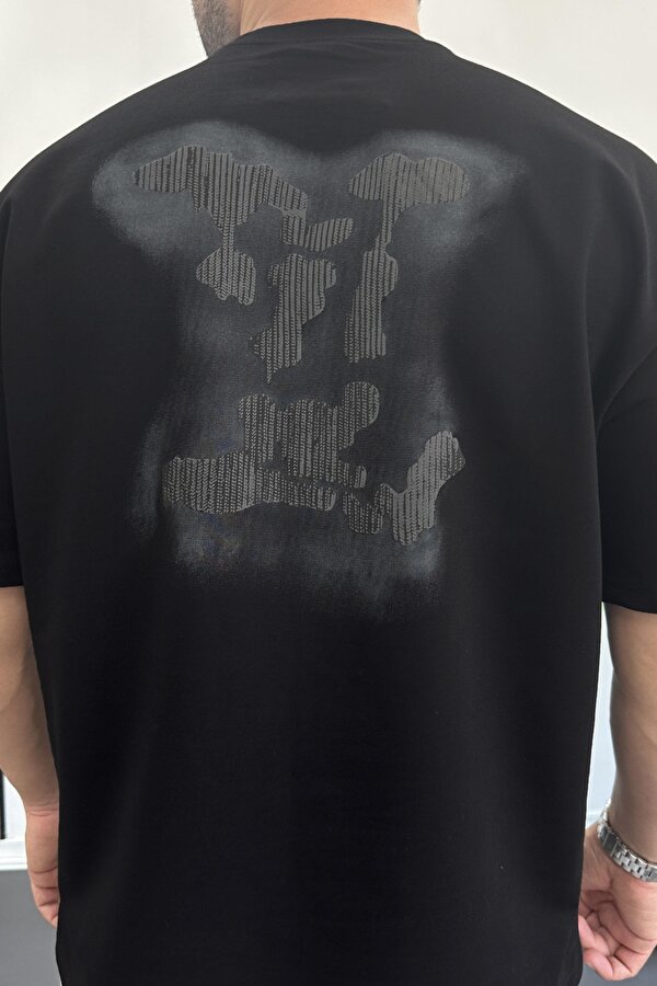 Erkek Kabartmalı Sırt Baskılı Oversize Tişört Siyah Edw390