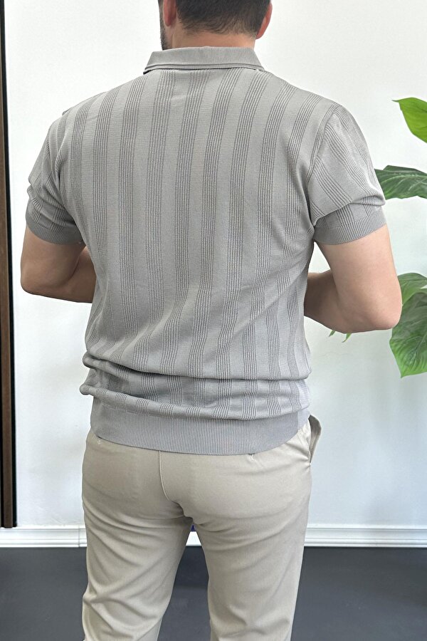 Erkek Açık Yaka Desenli Tişört Gri Edw385