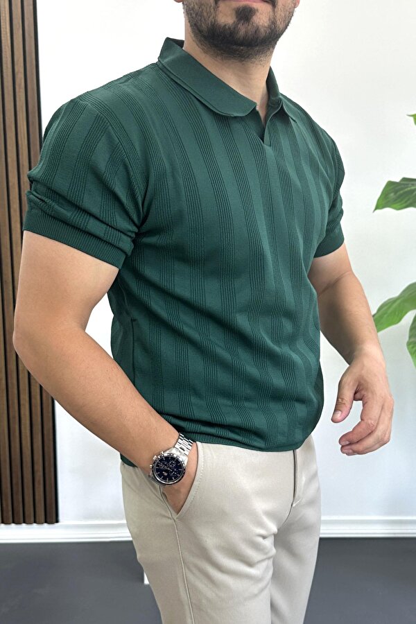 Erkek Açık Yaka Desenli Tişört Koyu Yeşil Edw385