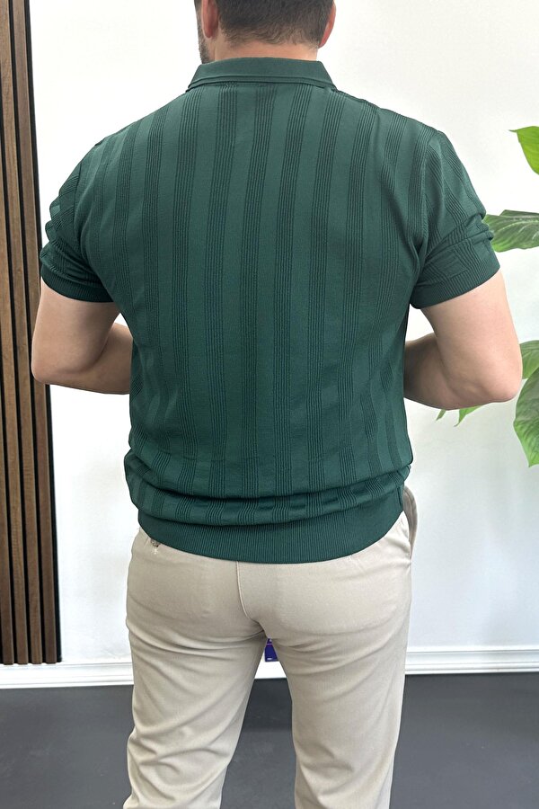 Erkek Açık Yaka Desenli Tişört Koyu Yeşil Edw385