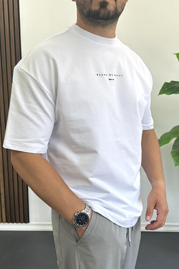 Erkek Kabartmalı Sırt Baskılı Oversize Tişört Beyaz Edw390