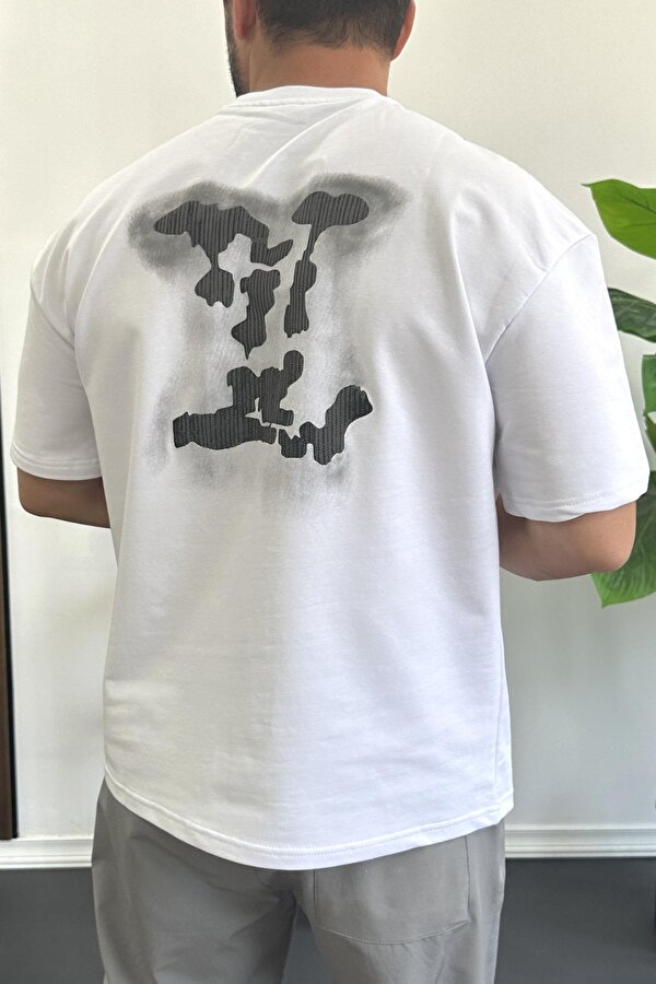 Erkek Kabartmalı Sırt Baskılı Oversize Tişört Beyaz Edw390