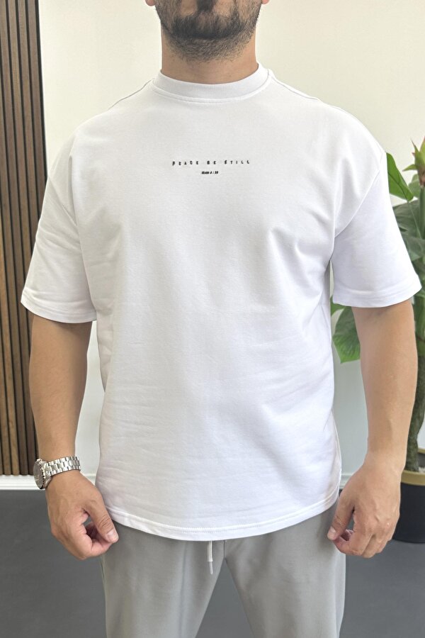 Erkek Kabartmalı Sırt Baskılı Oversize Tişört Beyaz Edw390