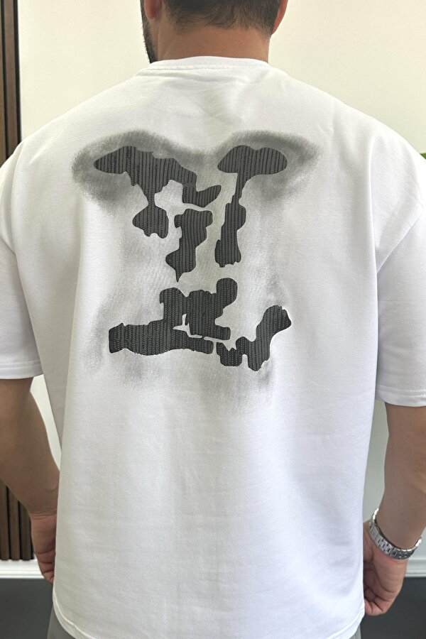 Erkek Kabartmalı Sırt Baskılı Oversize Tişört Beyaz Edw390