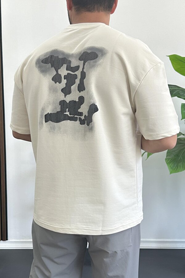 Erkek Kabartmalı Sırt Baskılı Oversize Tişört Krem Edw390