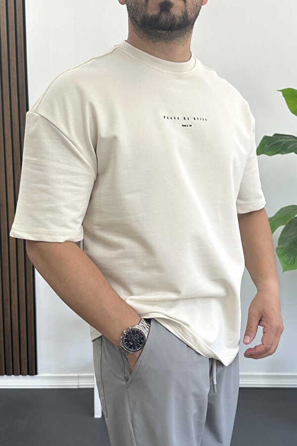 Erkek Kabartmalı Sırt Baskılı Oversize Tişört Krem Edw390