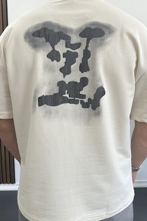 Erkek Kabartmalı Sırt Baskılı Oversize Tişört Krem Edw390