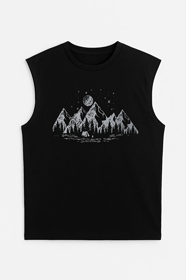 Erkek Bisiklet Yaka Baskılı Siyah Kolsuz T-shirt