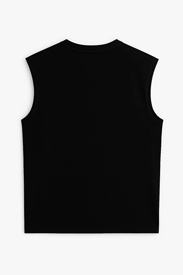 Erkek Bisiklet Yaka Baskılı Siyah Kolsuz T-shirt