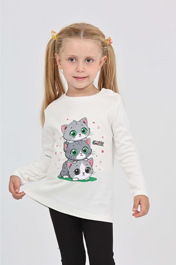 Toontoy Kız Çocuk Üçlü Kedi Baskılı Sweatshirt