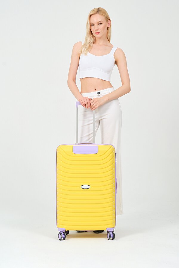 Unisex Sarı Lila Orta Boy Silikon Kırılmaz PP Valiz