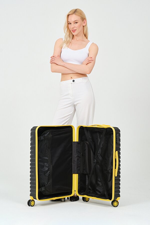 Unisex Siyah Sarı Orta Boy Silikon Kırılmaz PP Valiz