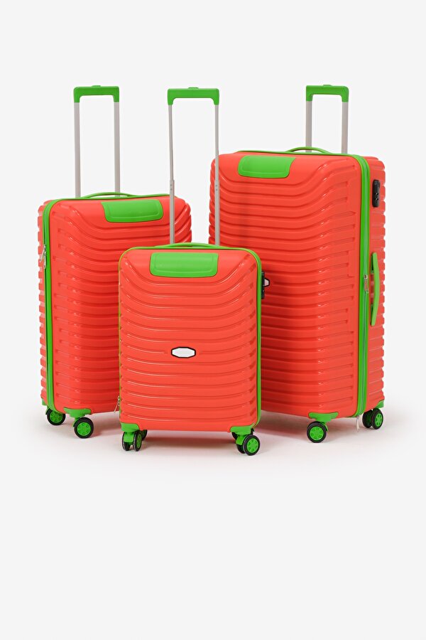 Unisex Turuncu Yeşil 3 lü Set Silikon Kırılmaz PP Valiz