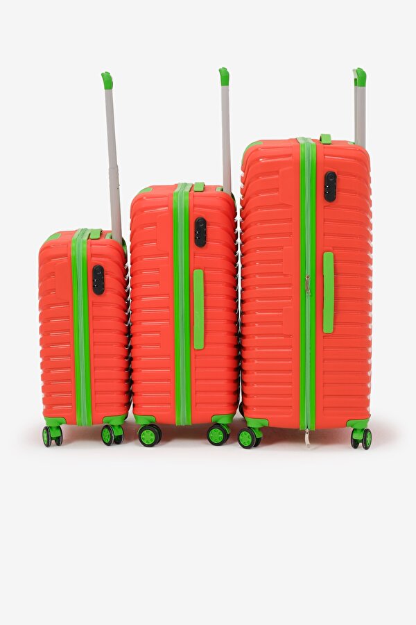 Unisex Turuncu Yeşil 3 lü Set Silikon Kırılmaz PP Valiz