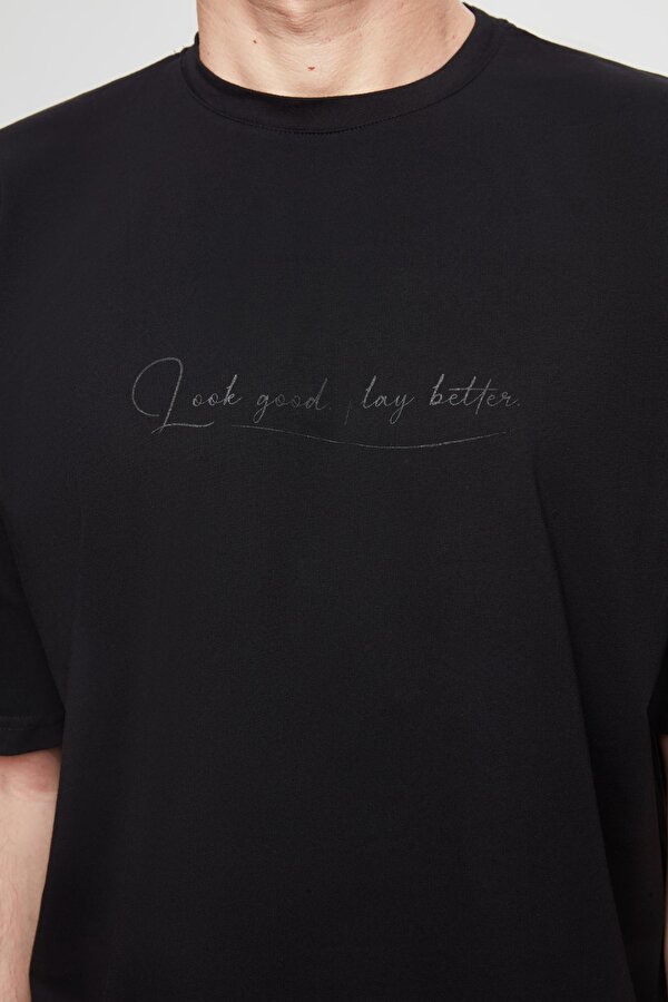 Oversize Siyah Baskılı %100 Pamuk T-Shirt